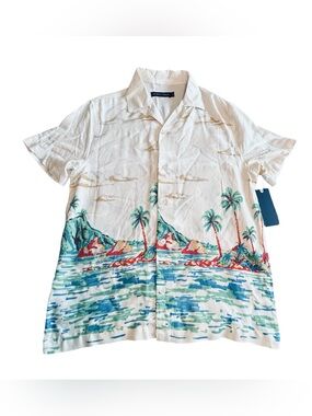 Trinity Coast Men’s Cream Short-Sleeve Camp Shirt with Blue & Green Tropical
